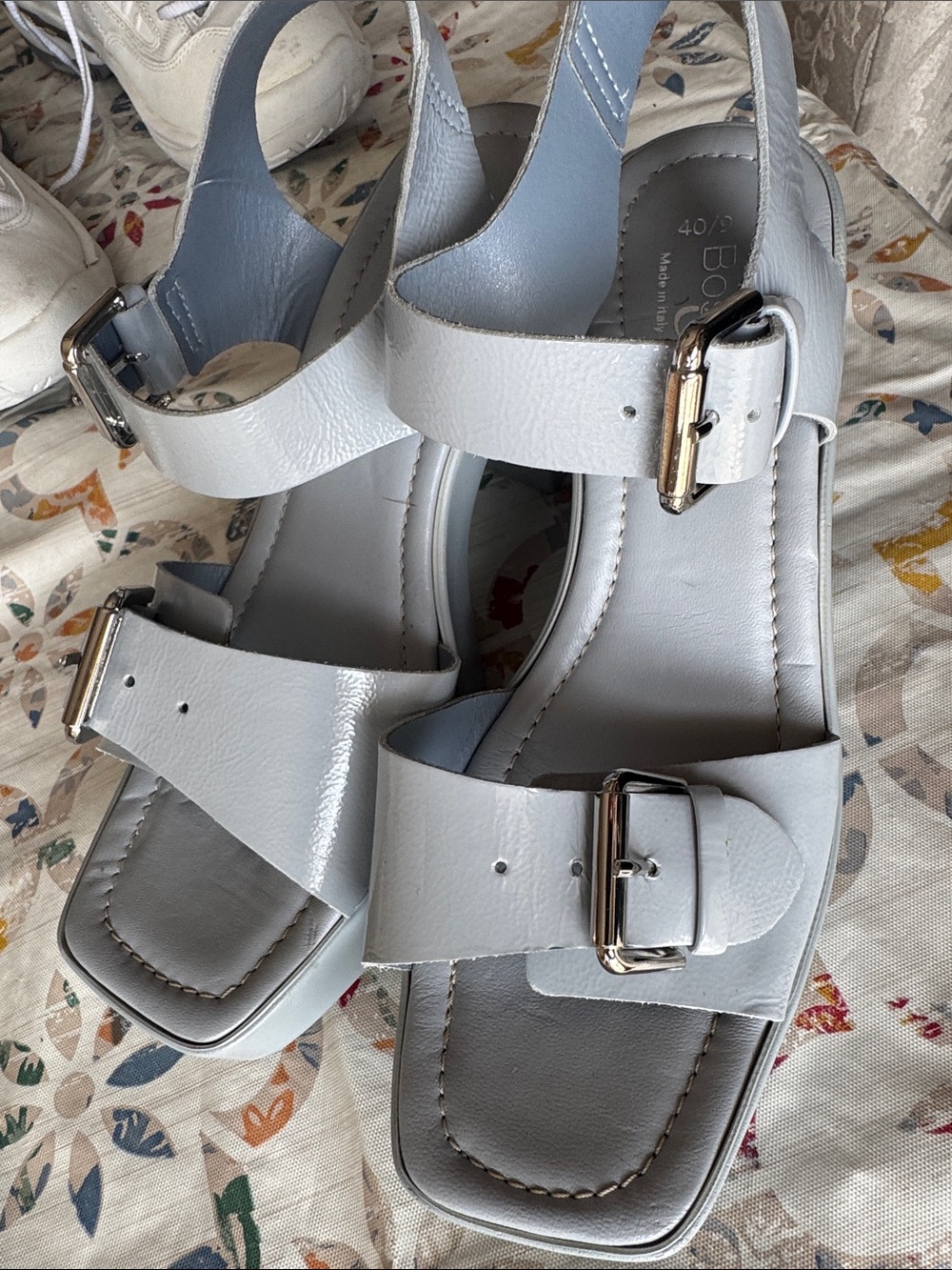 Bos. & Co. Chunky  Leather Platform Sandals in Light Gray with Buckles NEW!